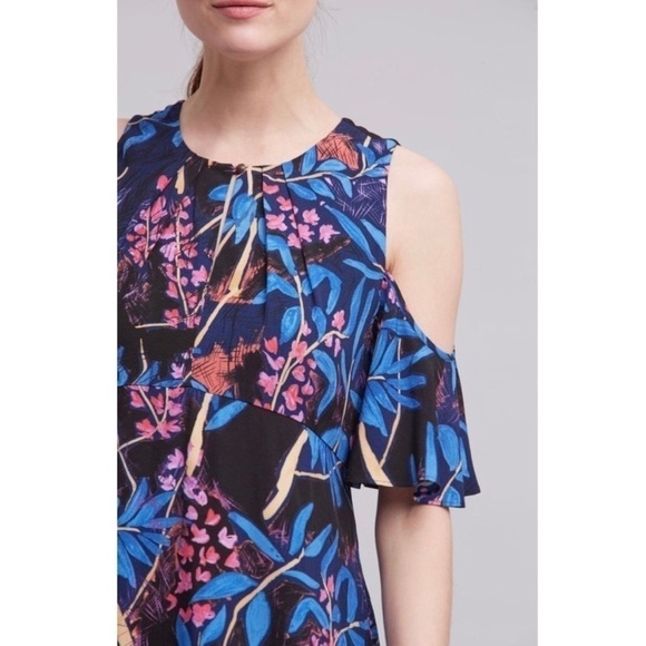 Anthropologie Maeve Dress Elia Open Cold Shoulder Knee Length Floral Tropical 10 - Picture 2 of 12